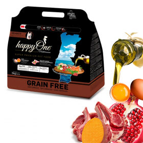 Средиземноморска храна HappyOne Mediterraneum Grain Free Lamb а пораснали кучета от всички породи с прясно агнешко месо, зехтин, сладък картоф, яйца и нар